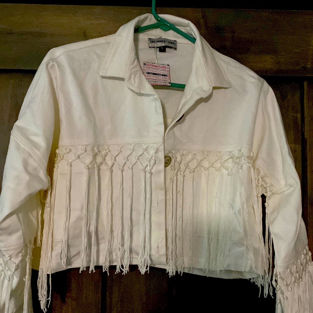 EASTNWESTLABEL white fringe jean jacket